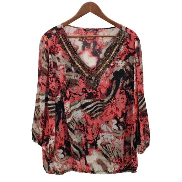Zac & Rachel Tops - Zac & Rachel Womens Pink Floral Beaded 3/4 Sleeve Tunic Top Blouse 2X V-Neck